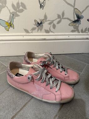 Golden Goose Pink Women's Low-Top Leather Sneakers with Glitter Heel size 39